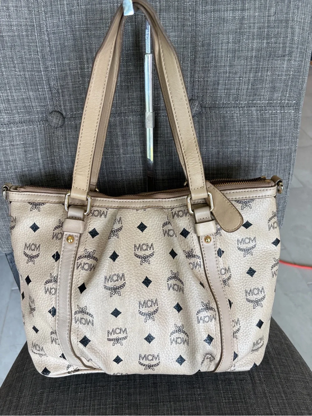 MCM Beige Logo Tote Bag - Classic Printed Leather